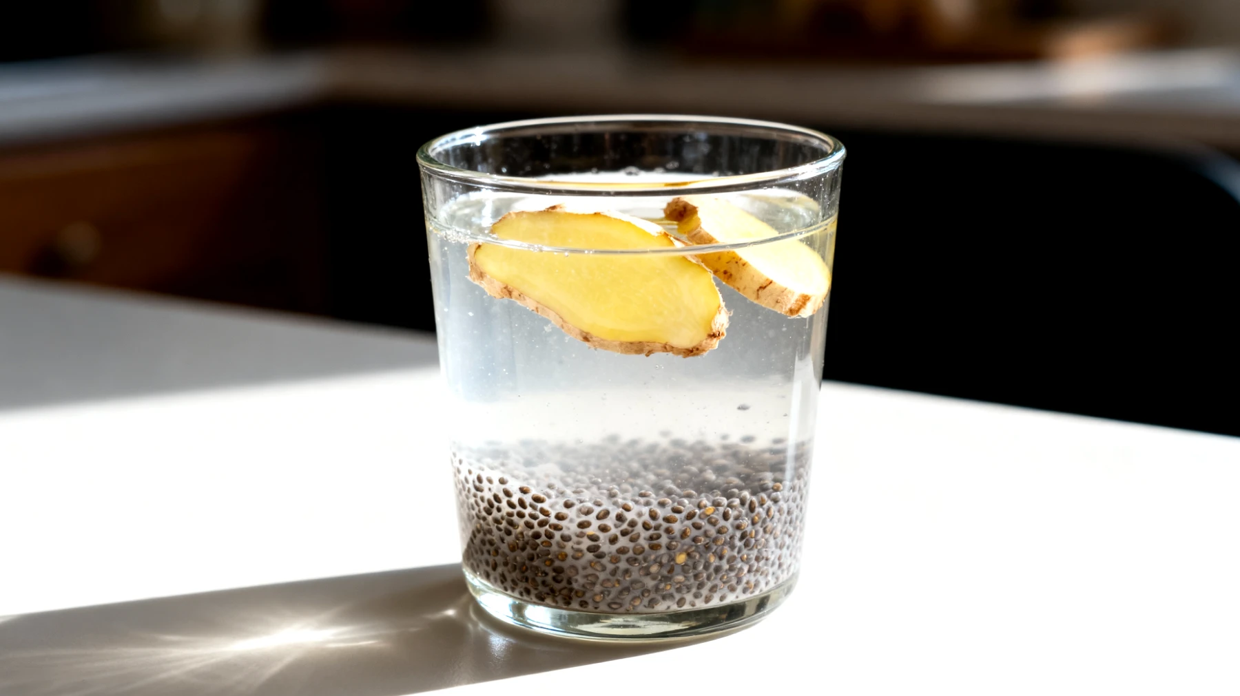 Kefir d'acqua con semi di chia e zenzero fresco"