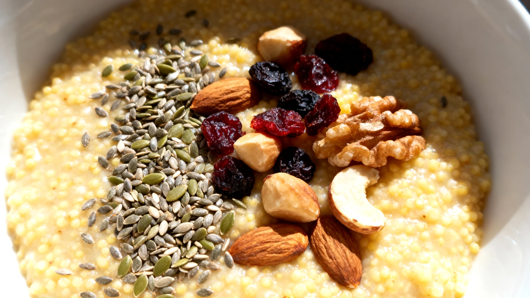 Porridge di miglio con semi di canapa e frutta secca"
