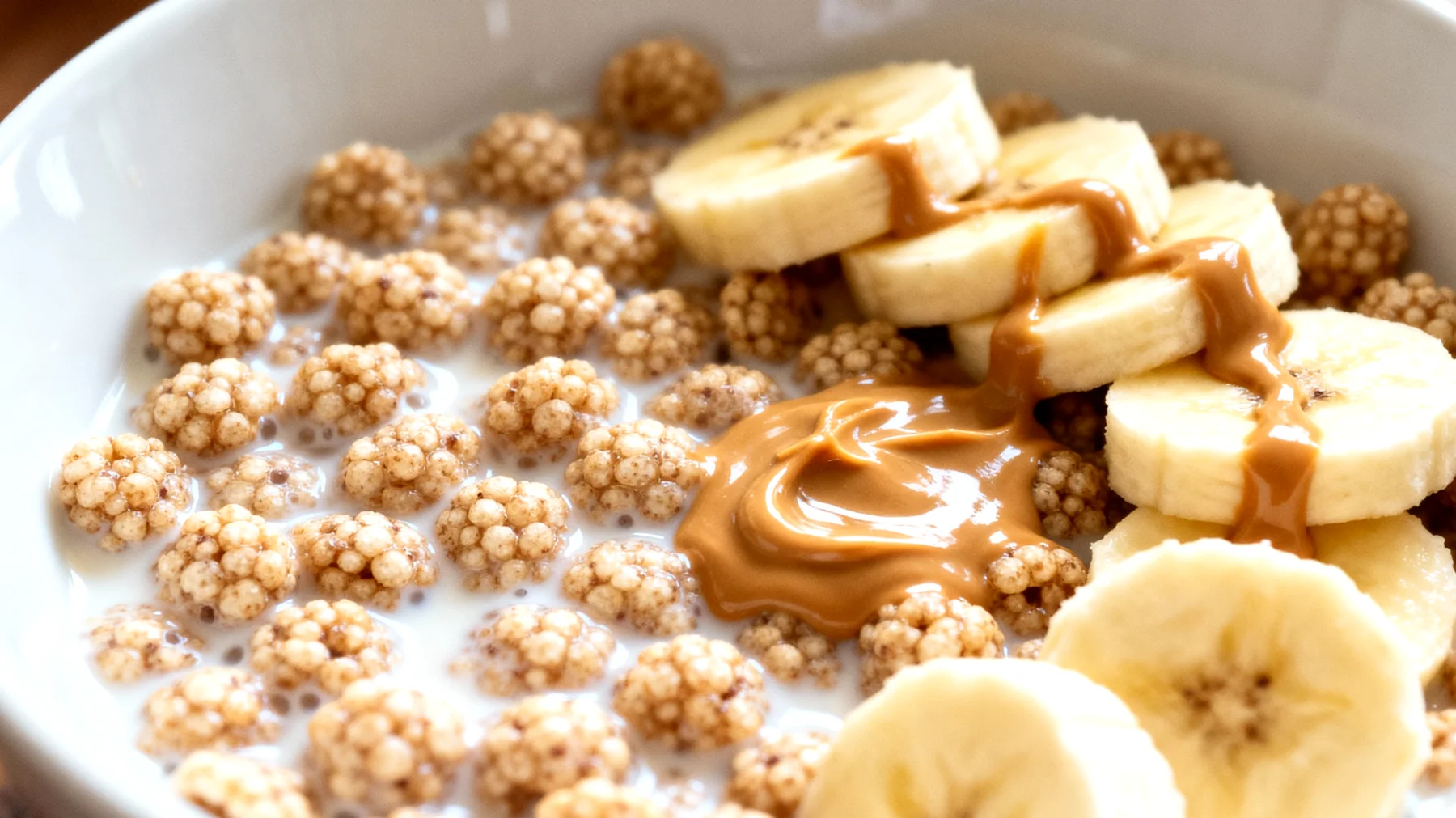 Amaranto soffiato con latte di mandorla, banana e burro di arachidi"