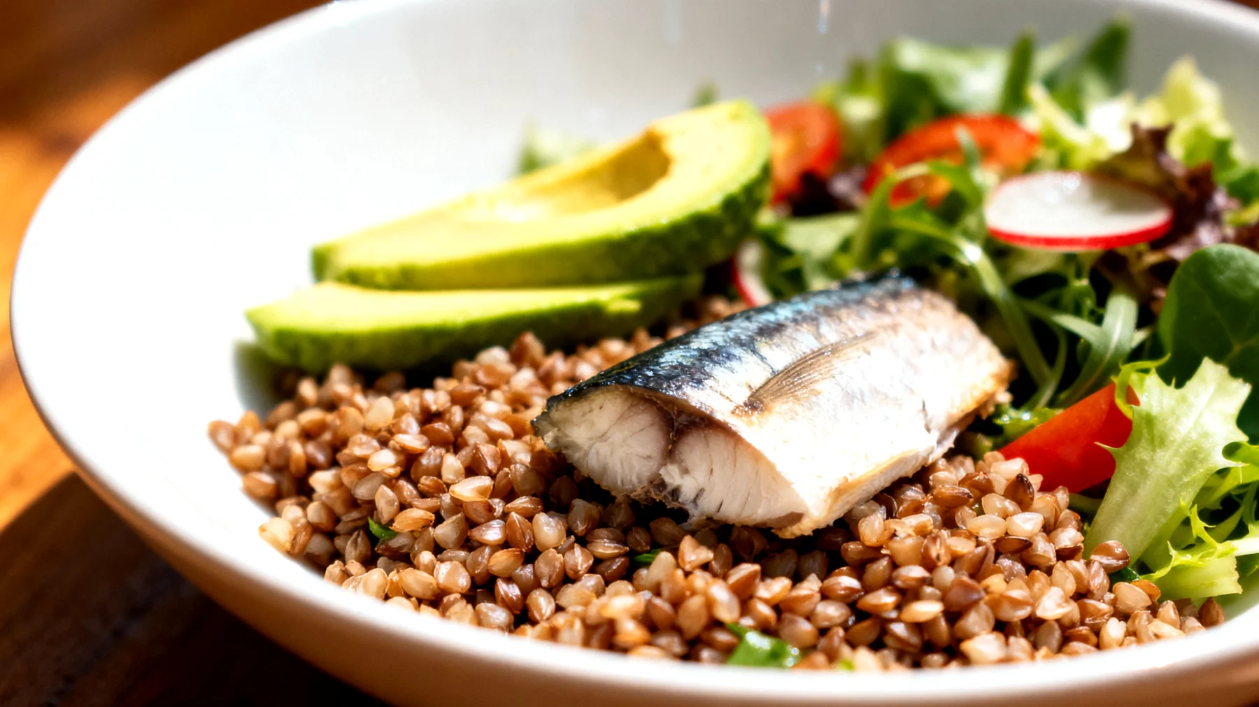 Insalata di grano saraceno con sgombro, avocado e verdure crude"