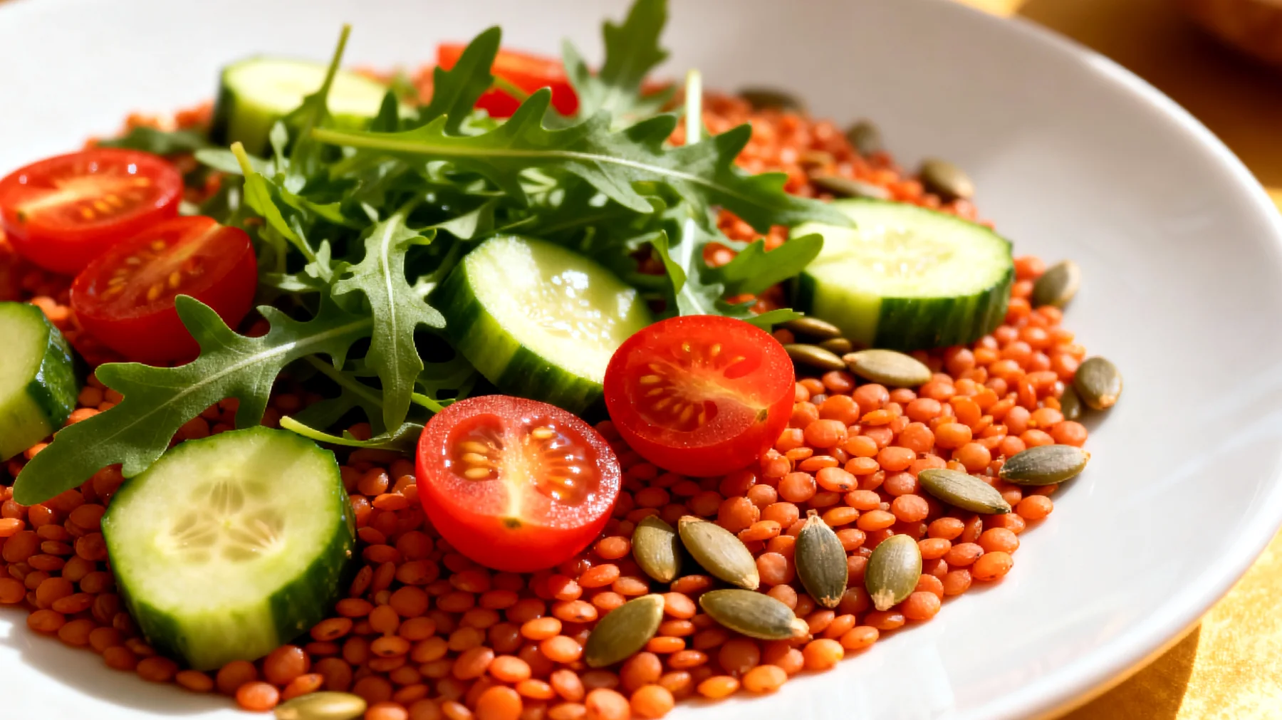 Insalata di lenticchie rosse decorticate con verdure crude e semi di zucca"