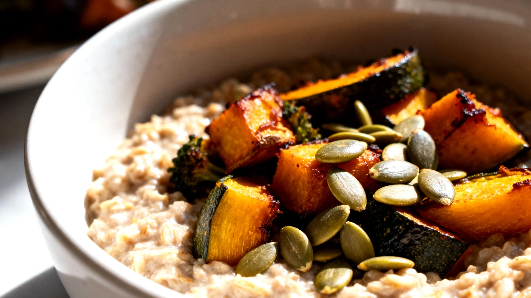 Zuppa di avena salata con verdure e semi di zucca"