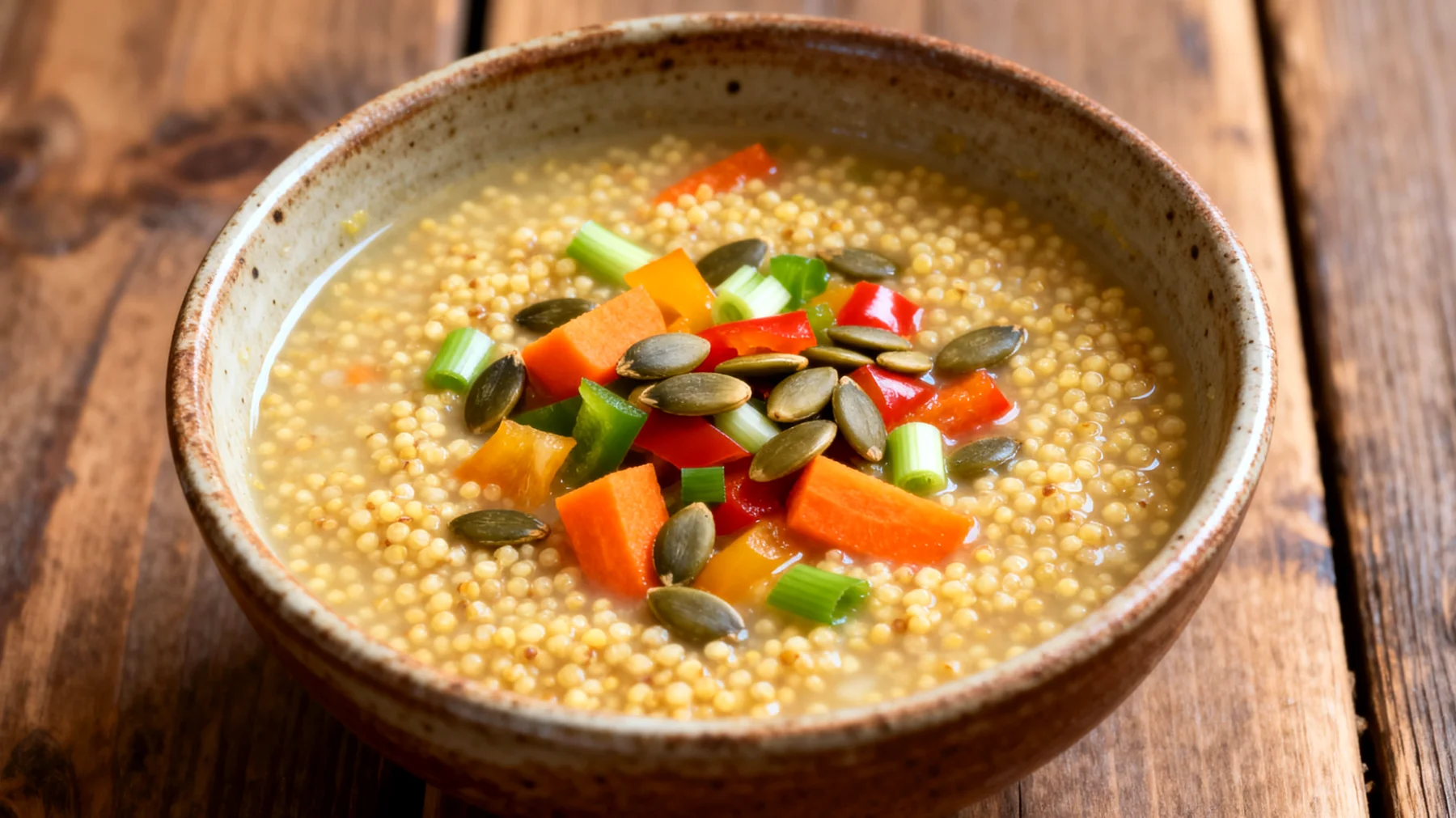 Zuppa di miglio con verdure e semi di zucca"