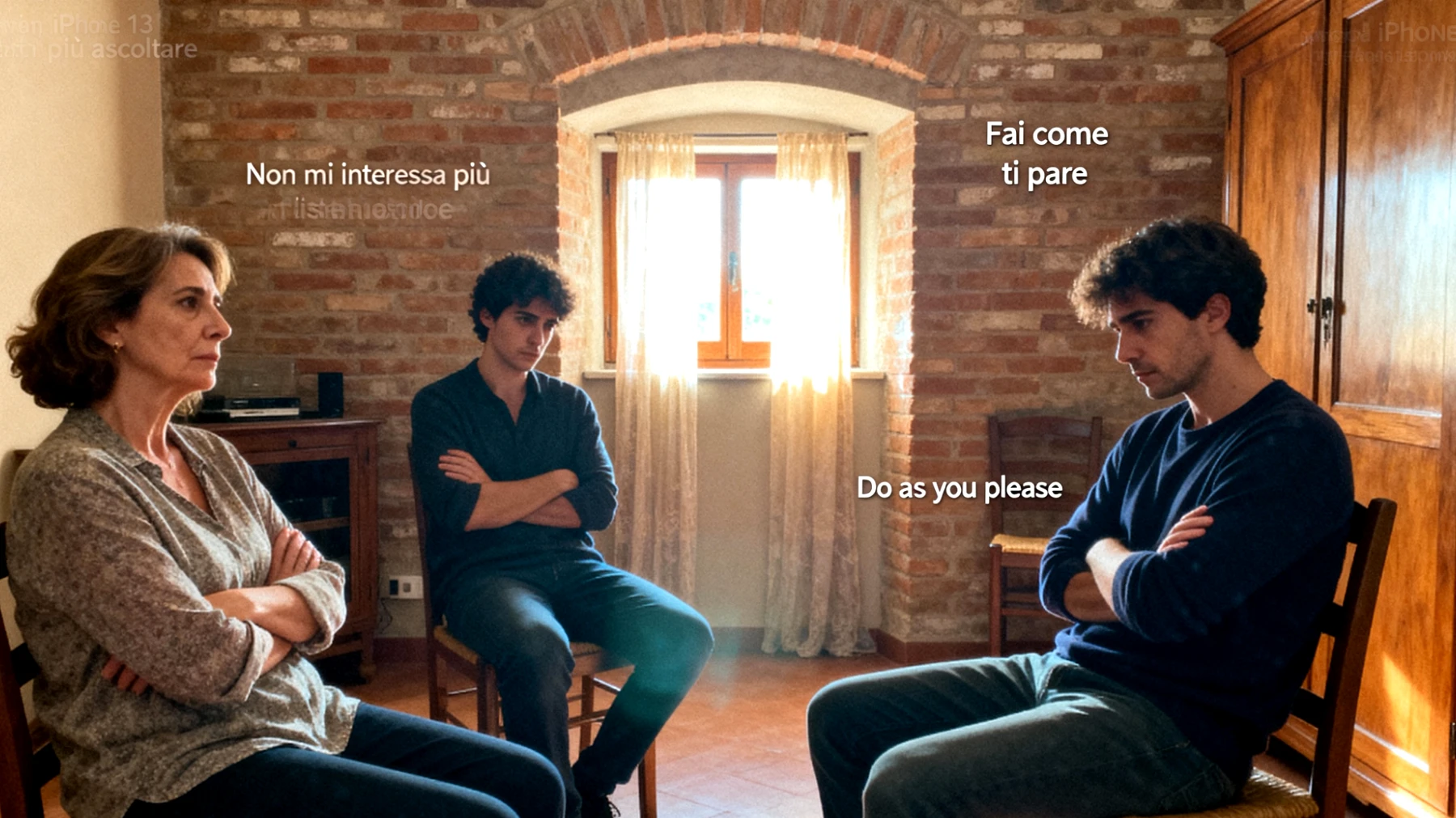 Una mamma si sente distante emotivamente dai suoi figli ormai giovani adulti perché le conversazioni rimangono sempre superficiali, limitate a questioni pratiche e logistiche, senza mai condividere sentimenti, paure o gioie profonde, creando un senso di estraneità reciproca"