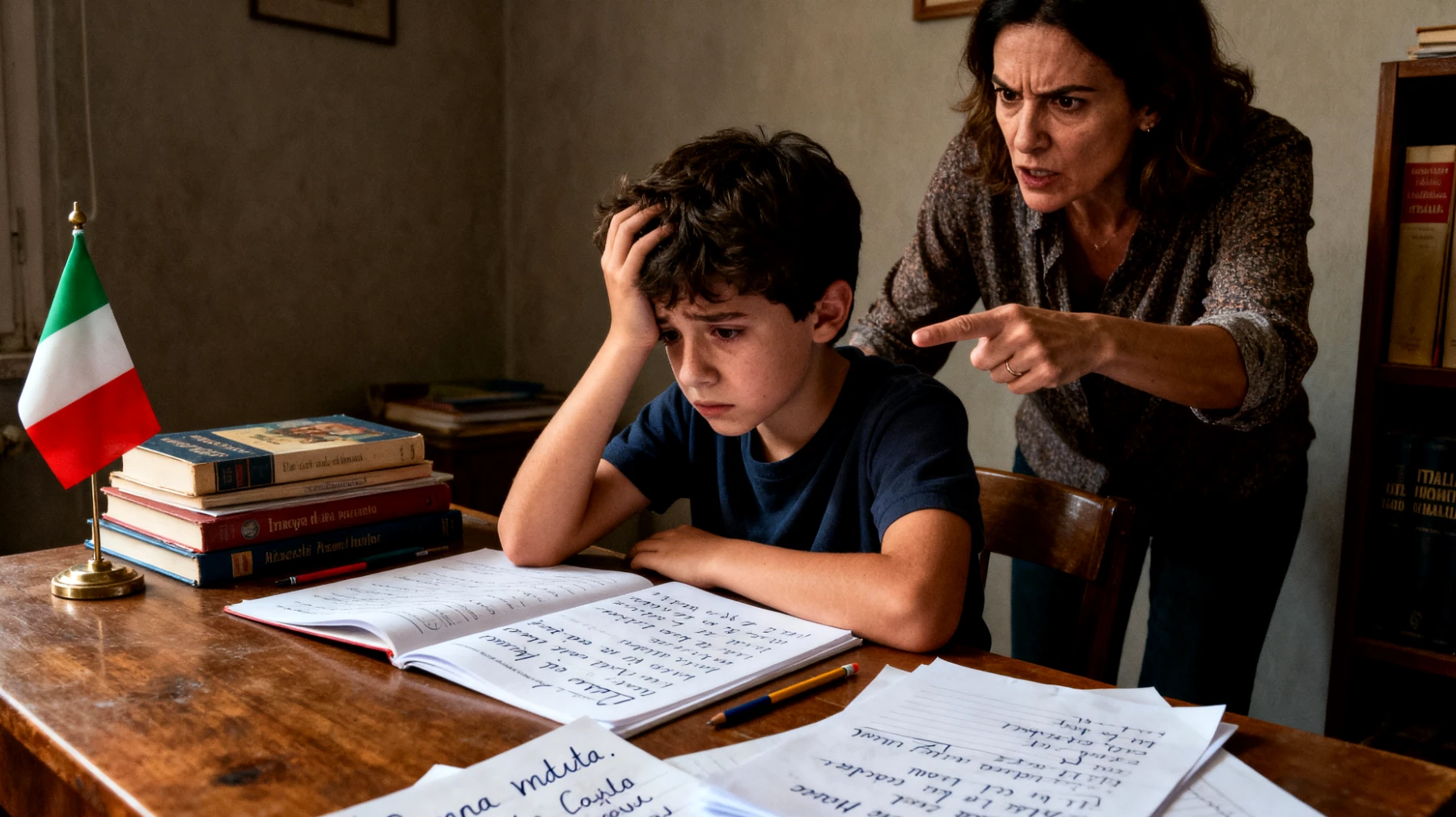 Una mamma che esercita pressioni eccessive sui propri bambini riguardo ai risultati scolastici, alle attività sportive e alle aspettative di comportamento, creando nei piccoli stress, ansia da prestazione e paura di deludere, con conseguente perdita di spontaneità e serenità nell'infanzia."