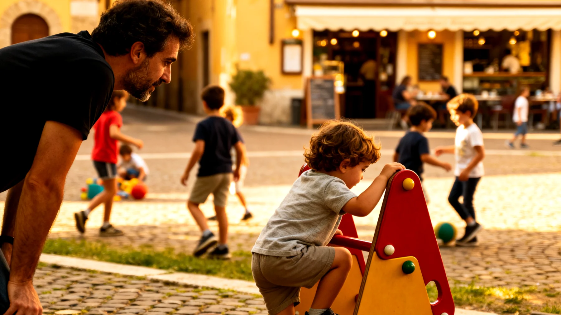 Papà che protegge eccessivamente i bambini limitando la loro autonomia e capacità di affrontare piccole sfide quotidiane"