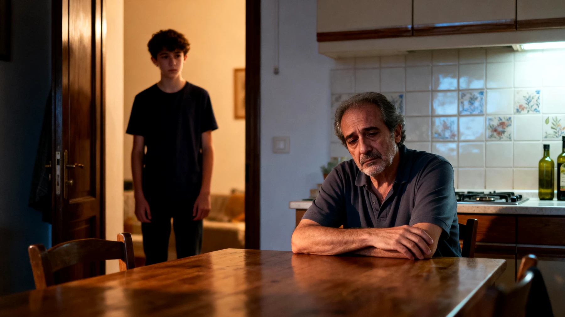 Papà che fatica a trovare tempo ed energie per connettersi emotivamente con il figlio adolescente a causa del lavoro e dello stress quotidiano"