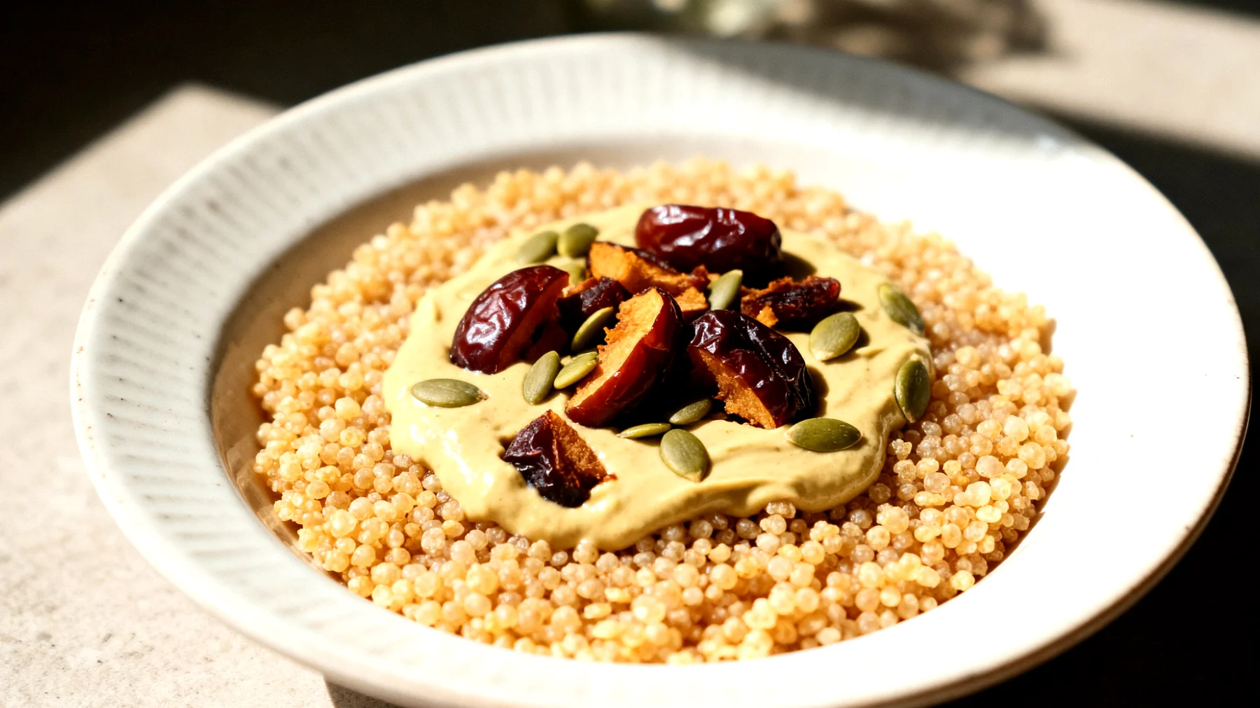 Amaranto soffiato con crema di semi di zucca e datteri"