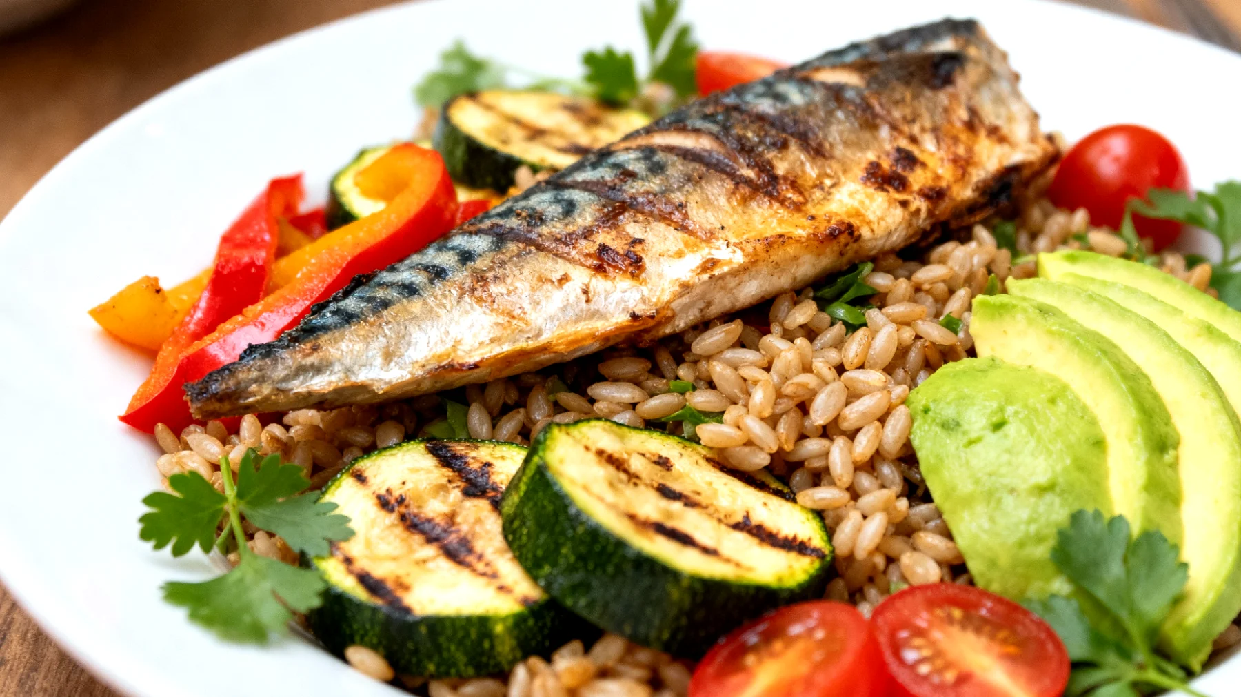 Insalata di farro con sgombro, verdure grigliate e avocado"