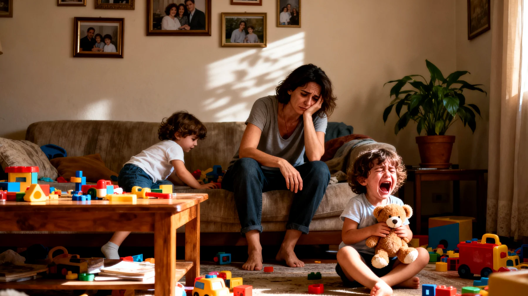 Una mamma che fatica a stabilire regole chiare e limiti con i propri bambini piccoli per paura di conflitti o pianti, finendo per cedere a ogni richiesta e creando confusione educativa"