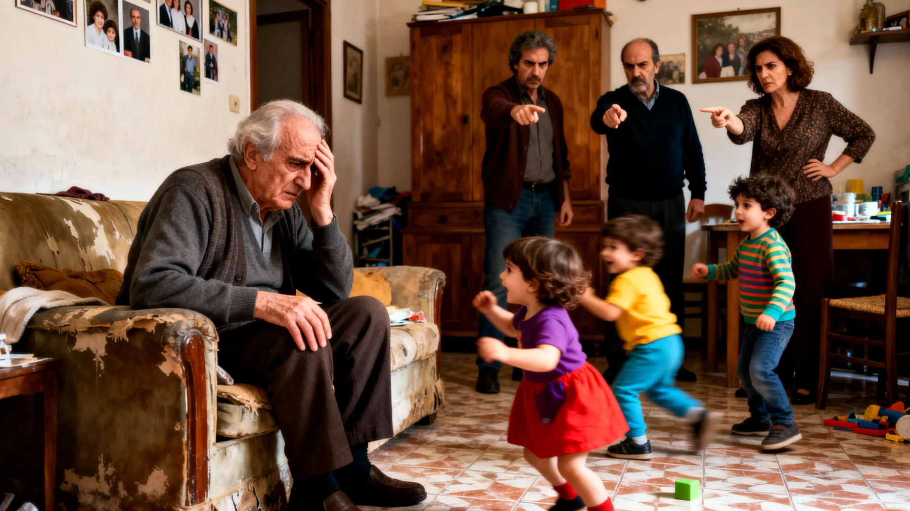Il nonno si trova in difficoltà nella gestione dei nipoti bambini a causa di continue interferenze e critiche da parte di altri membri della famiglia allargata (nuora, genero, altri nonni) che mettono in discussione il suo metodo educativo, creando confusione nei piccoli e tensioni familiari"
