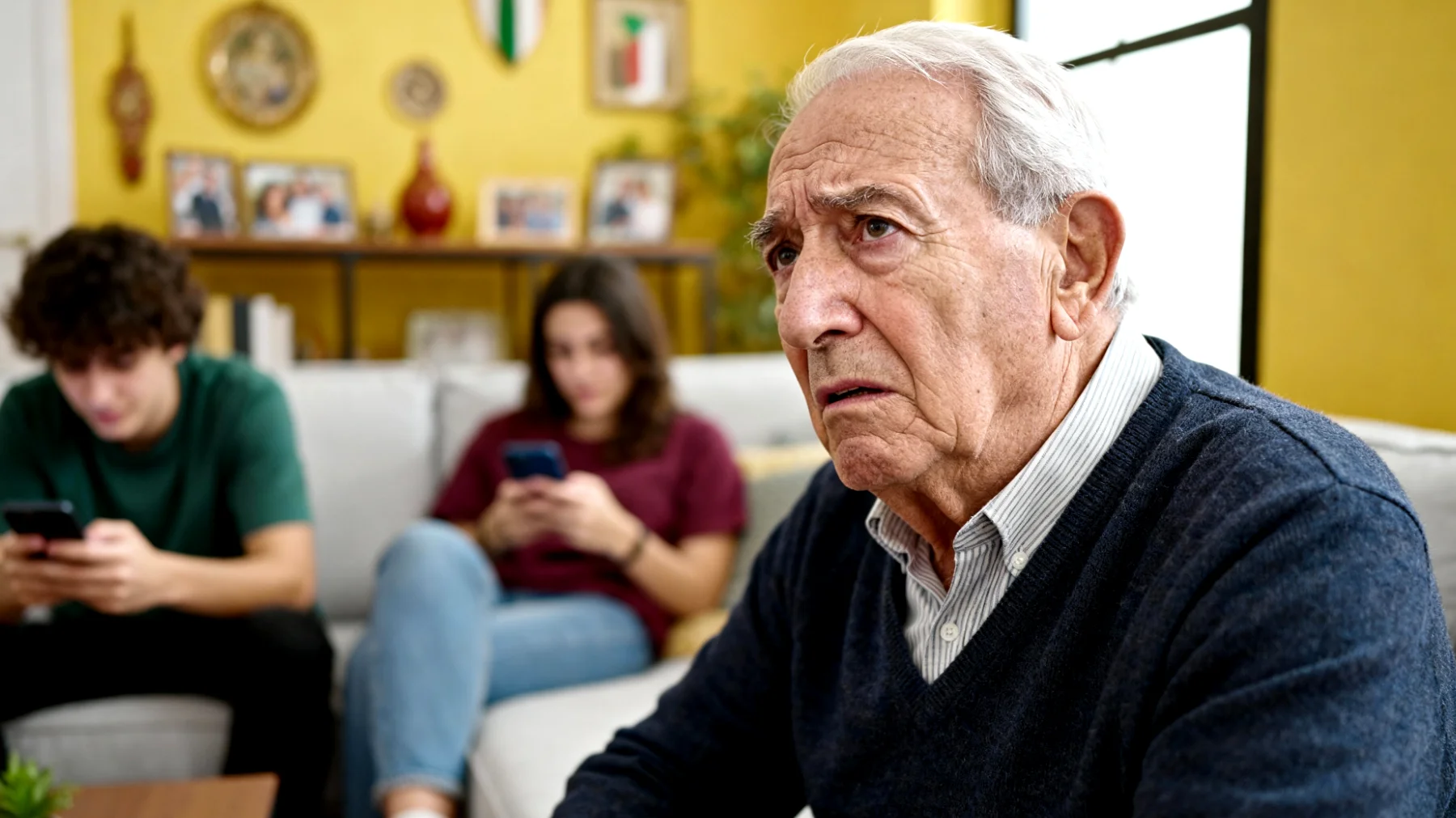 Nonno preoccupato per l'uso scorretto dei social media da parte dei nipoti giovani adulti, con difficoltà nel comprendere i rischi online e nell'instaurare un dialogo costruttivo sulla sicurezza digitale e l'immagine pubblica che condividono"